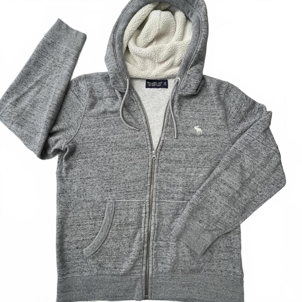 Abercrombie Fitch Sherpa Lined Hoodie Zip Up Gray Fleece Jacket Mens Medium Y2K